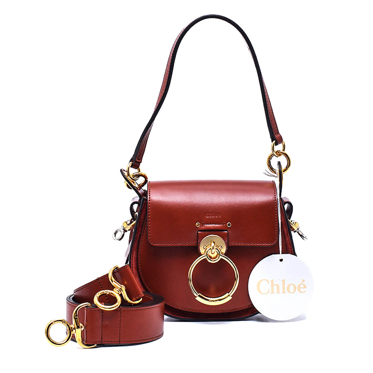 Chloe -Brown Leather Small Tess Ring-embellished Shoulder Bag 